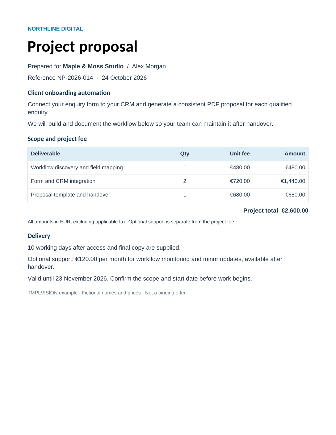 Original proposal: proposal for Maple & Moss Studio with three deliverables and a €2,600 project total.